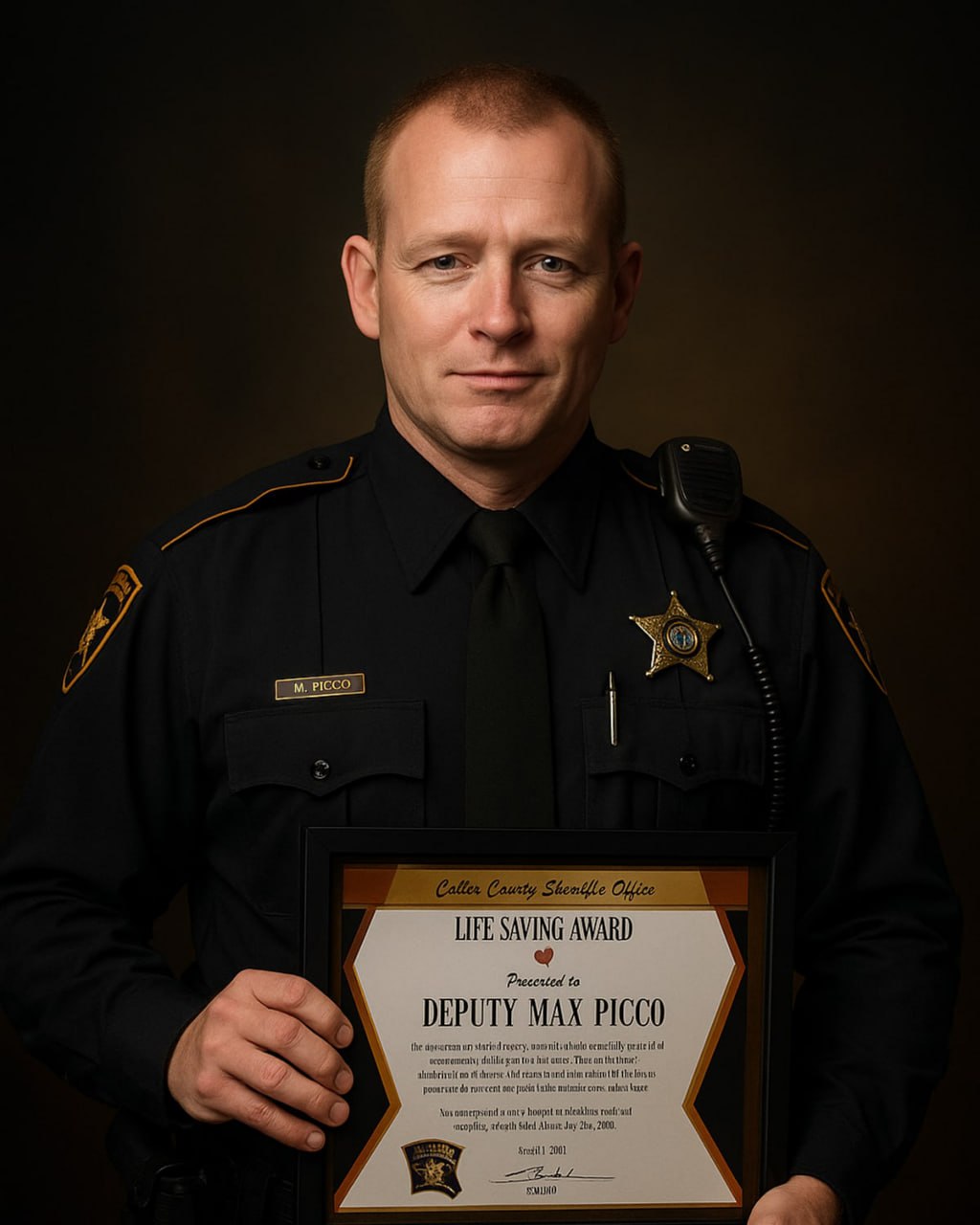 Max Picco, founder of P23 Security, holding his Life Saving Award at the Collin County Sheriff's Office