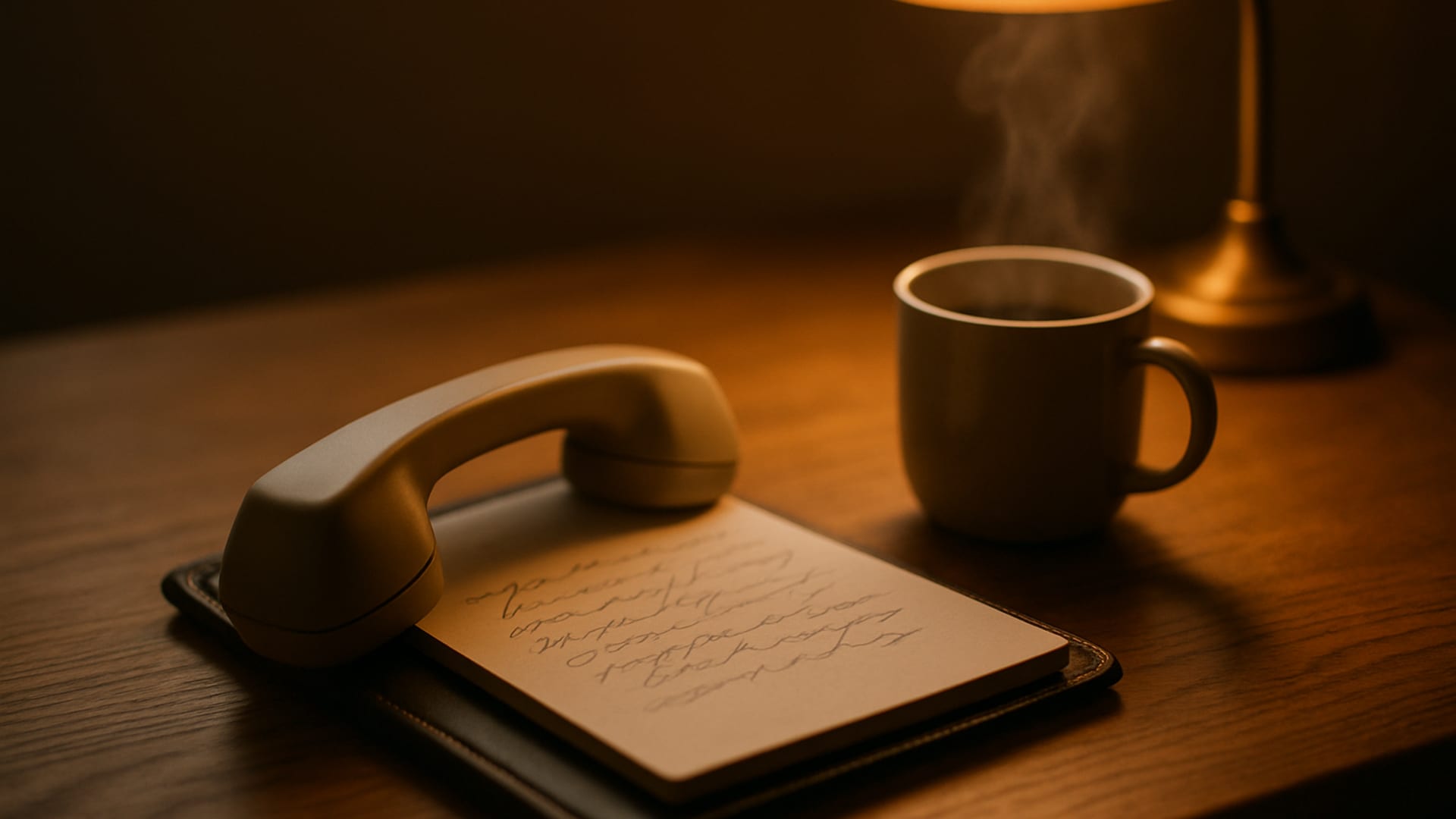 A phone on a desk, afternoon light, an open notebook nearby