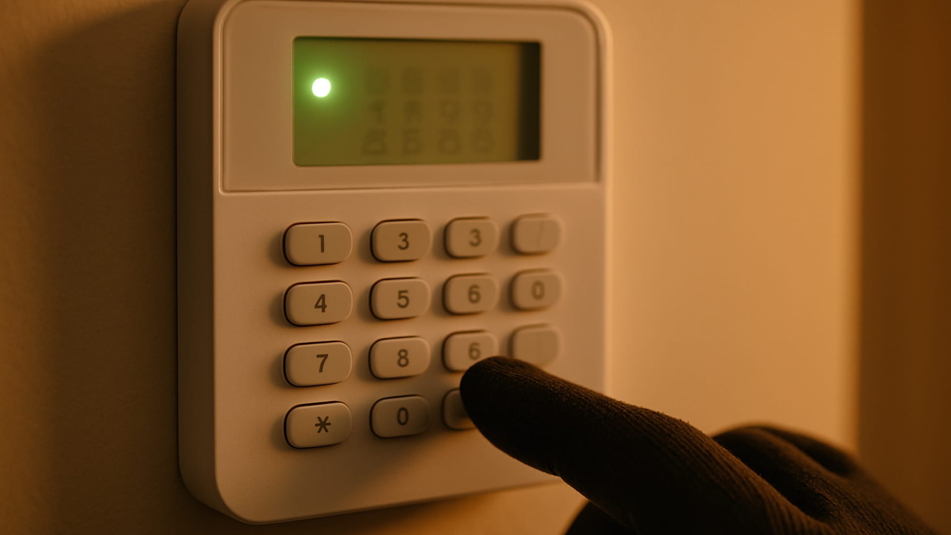 A keypad access panel at the entrance of a Southwest Florida facility at dusk