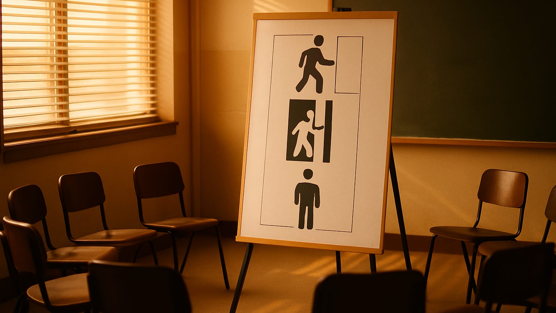 Staff training in a quiet classroom setting with a calm instructor