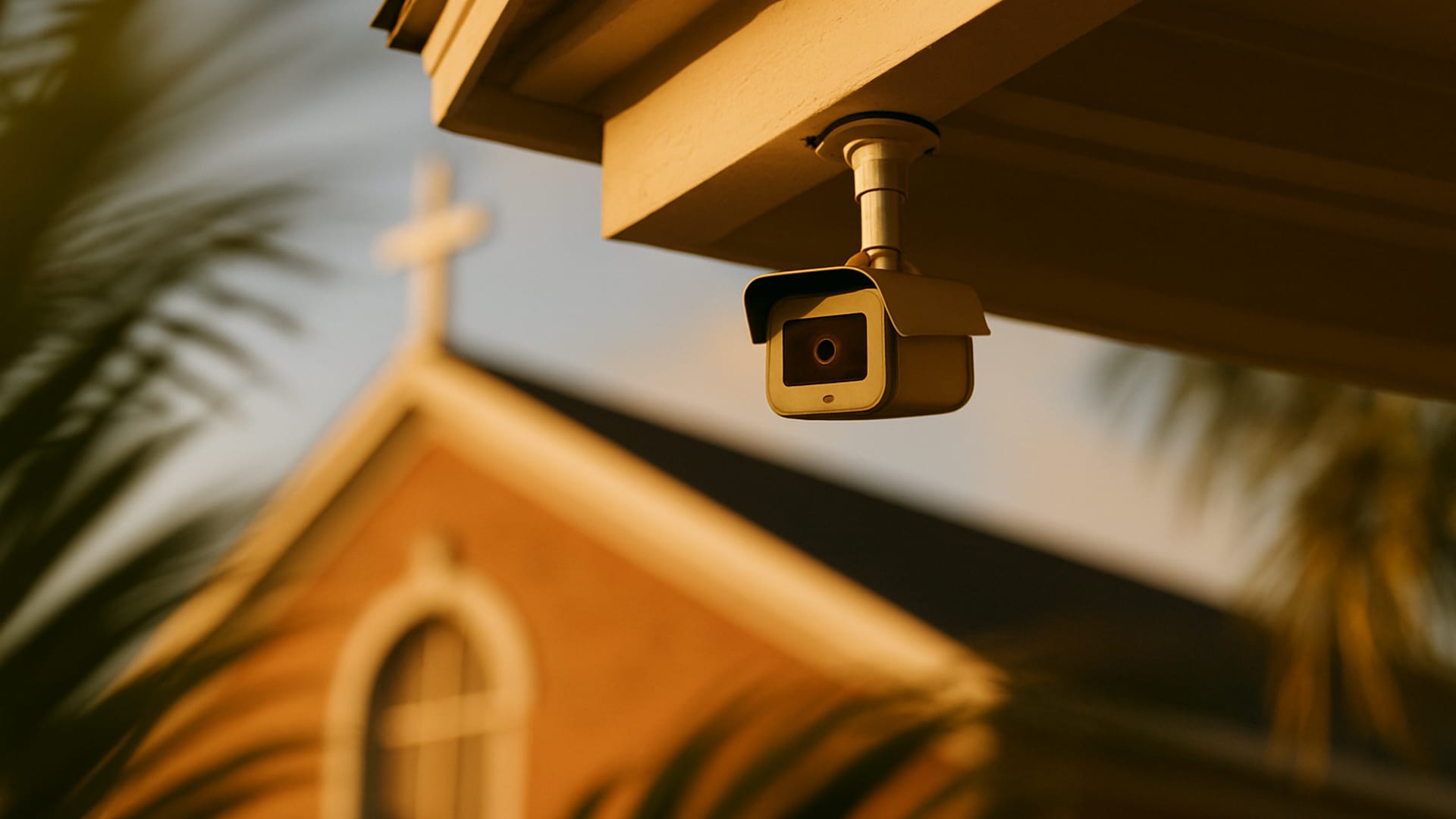 A camera mounted under eaves at a Southwest Florida church in afternoon light