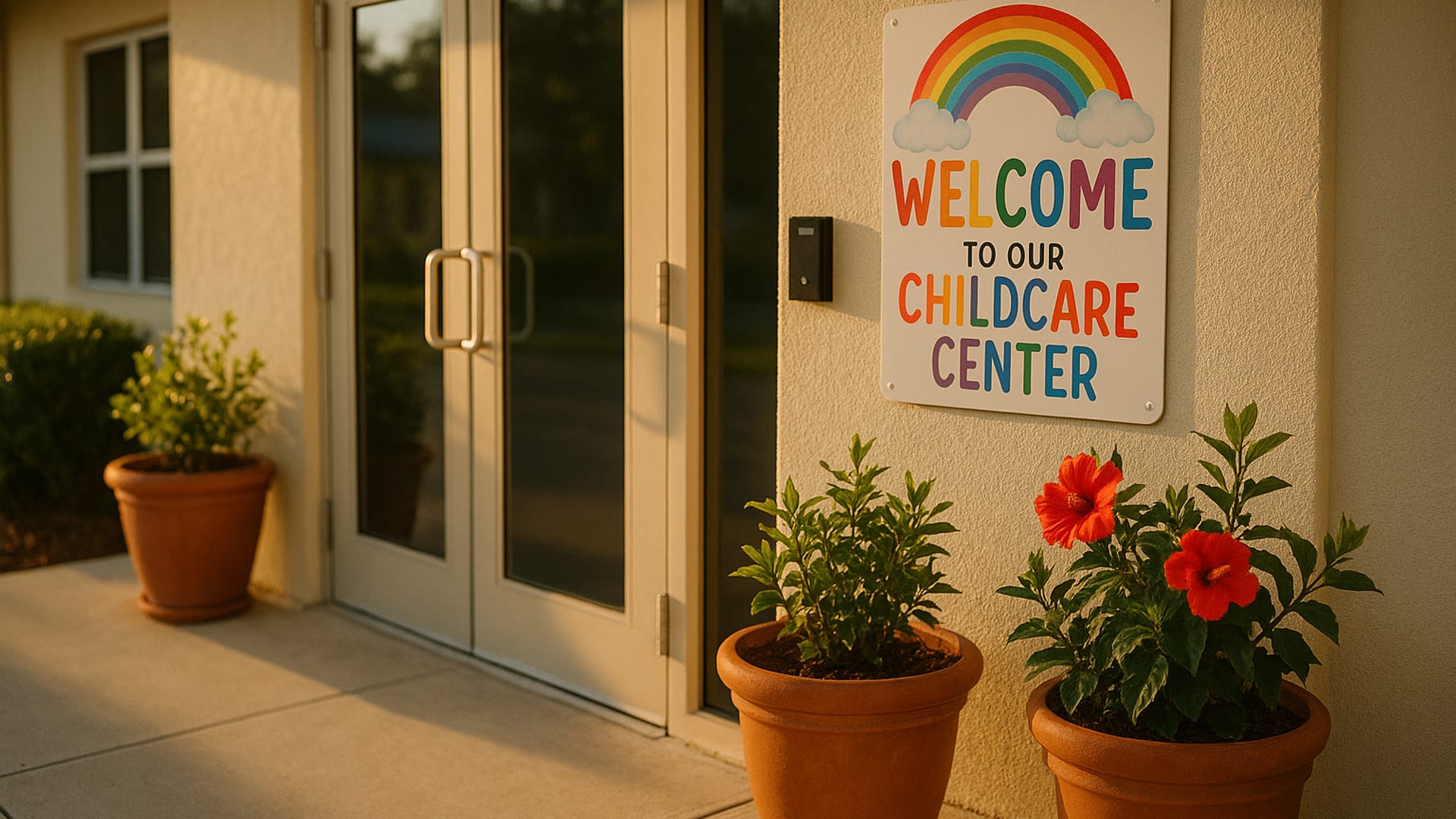 A brightly lit Southwest Florida daycare entry with secure double doors