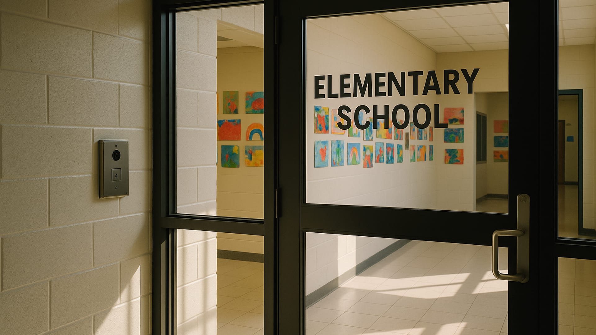 A calm elementary school entrance at morning light
