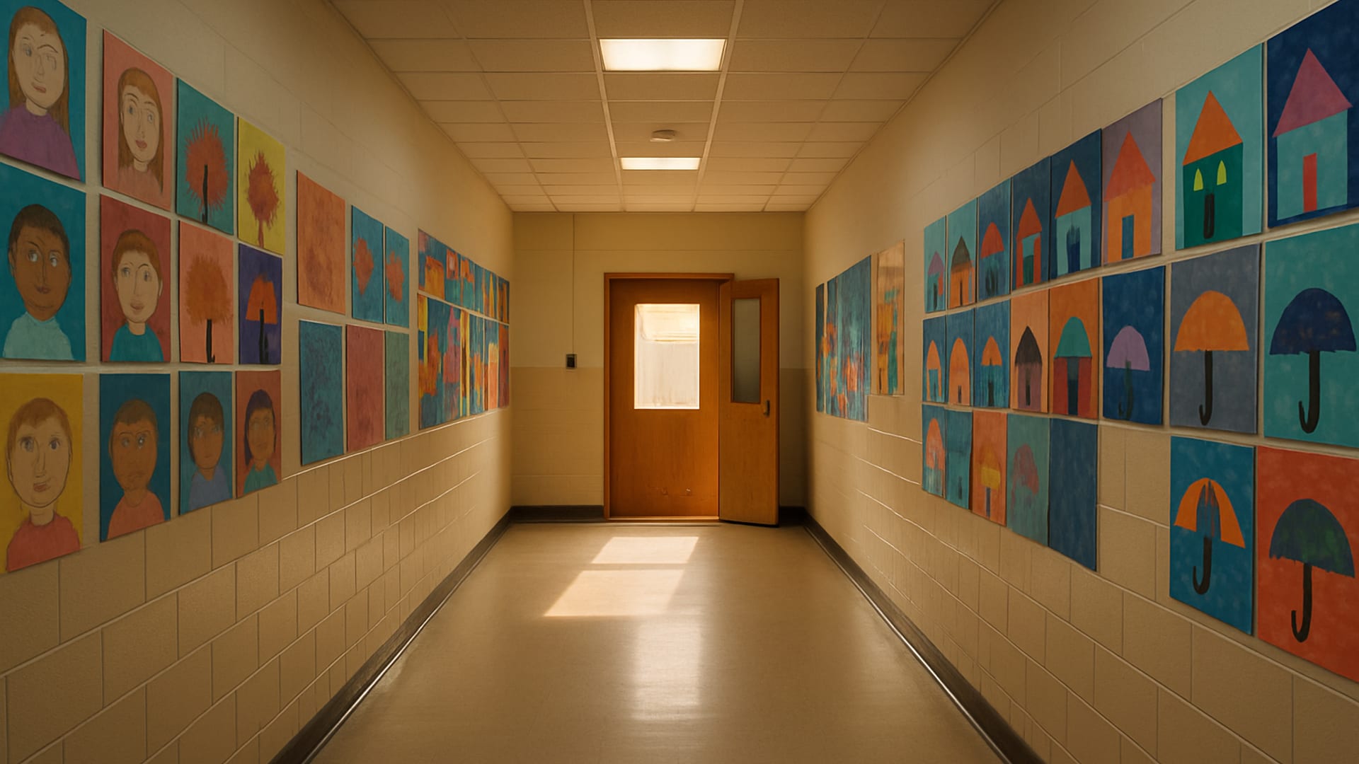 An empty elementary school hallway at late afternoon light