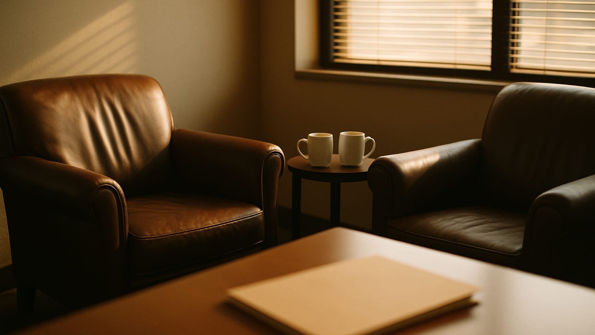 Two people in conversation at a quiet table, late morning light