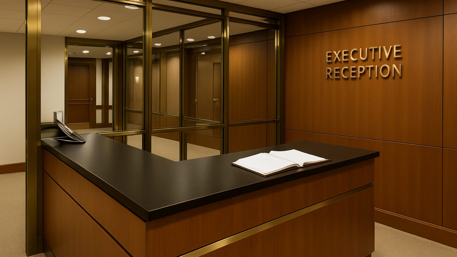 A polished executive office reception area with subtle security integration