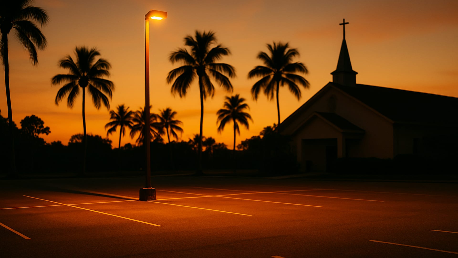 A Southwest Florida church parking lot at sunset with a single warm-toned streetlight