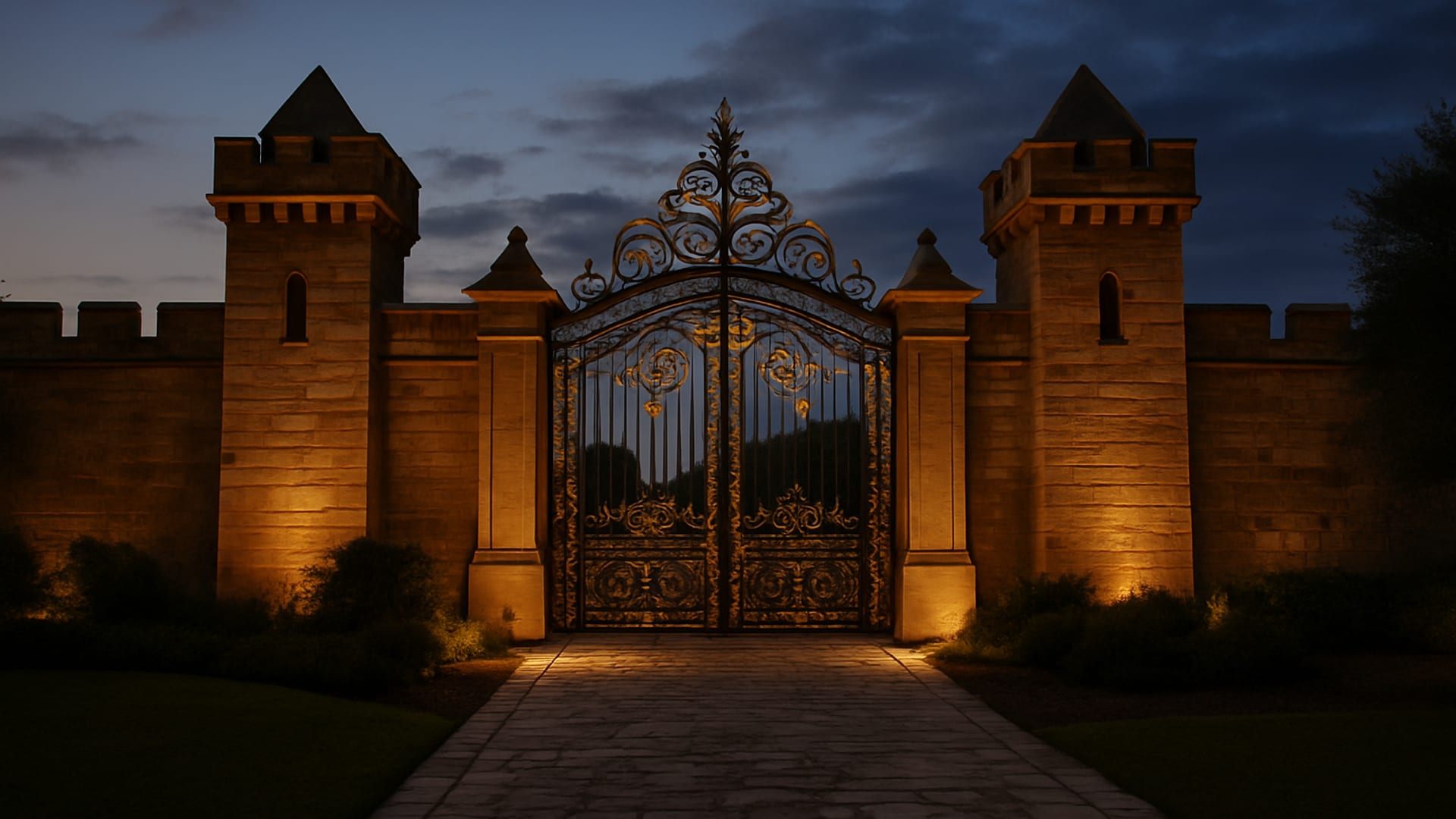 A fortified gate with gold detailing, evening light