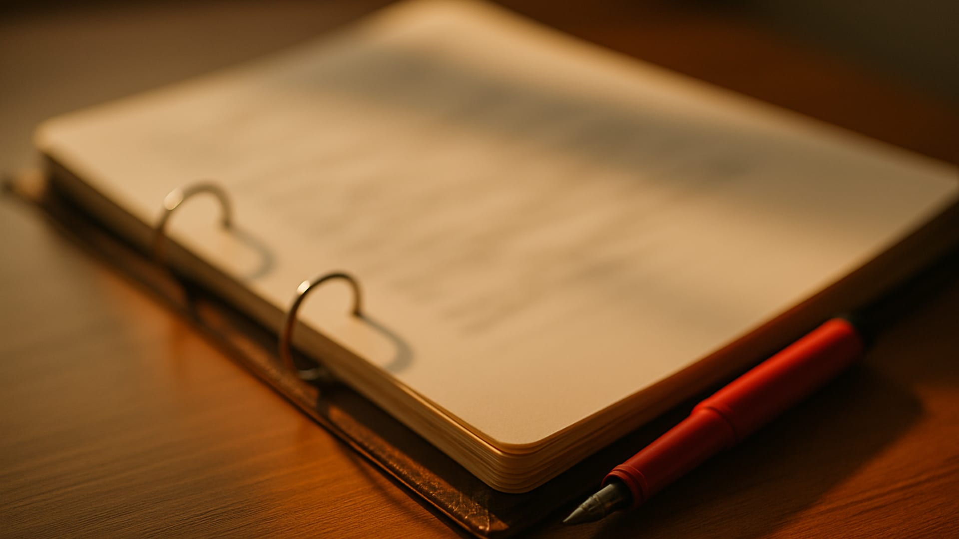 A policy binder open next to a laptop on a quiet conference table