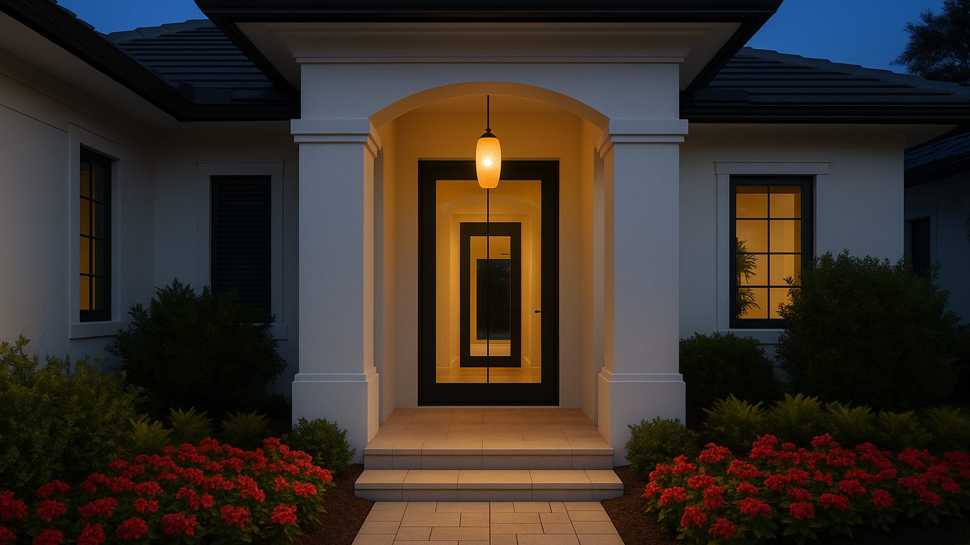 A discreet Southwest Florida residence with well-designed exterior lighting at dusk