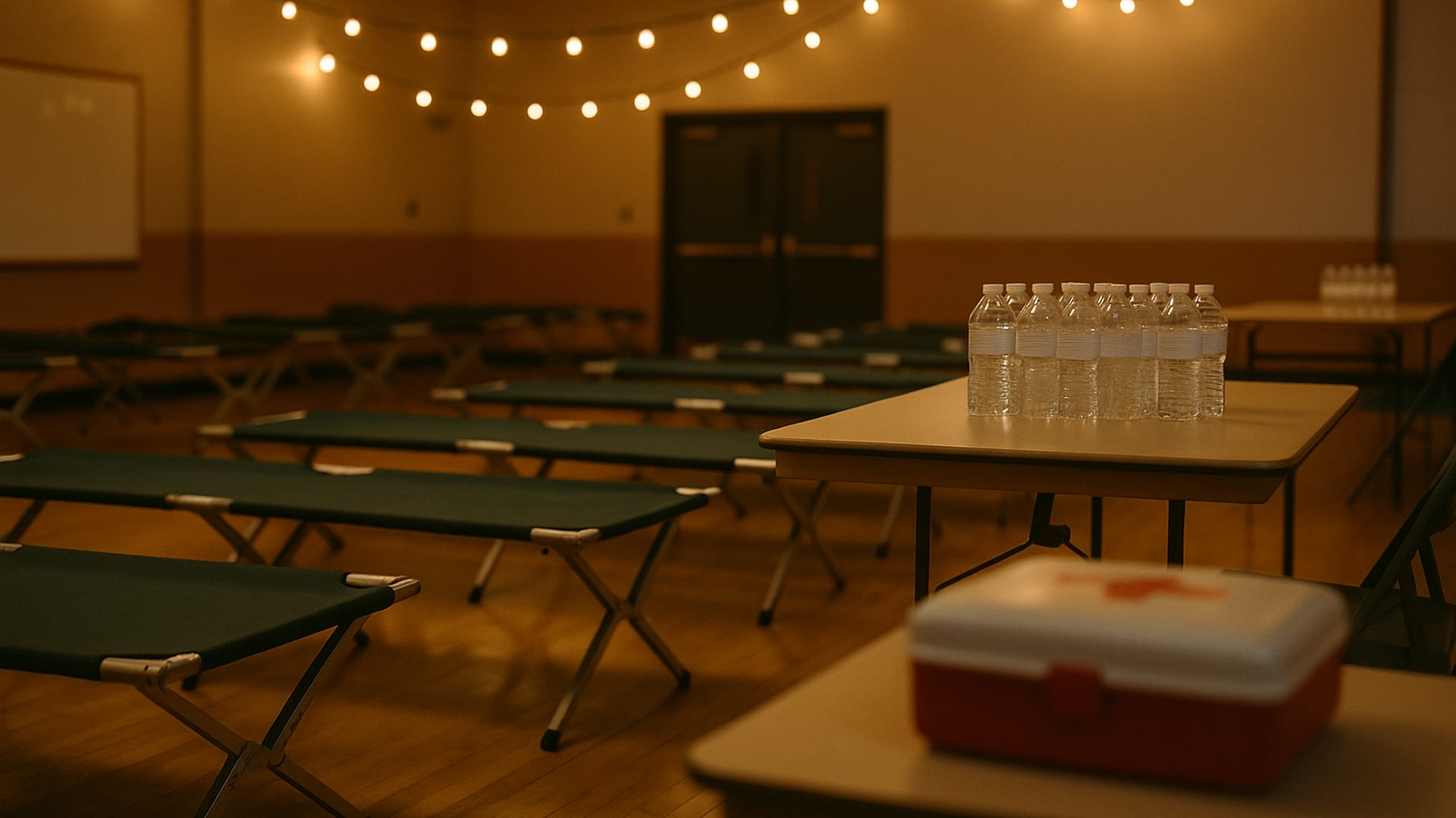 A community shelter setup with folding cots arranged in neat rows and water bottles stacked