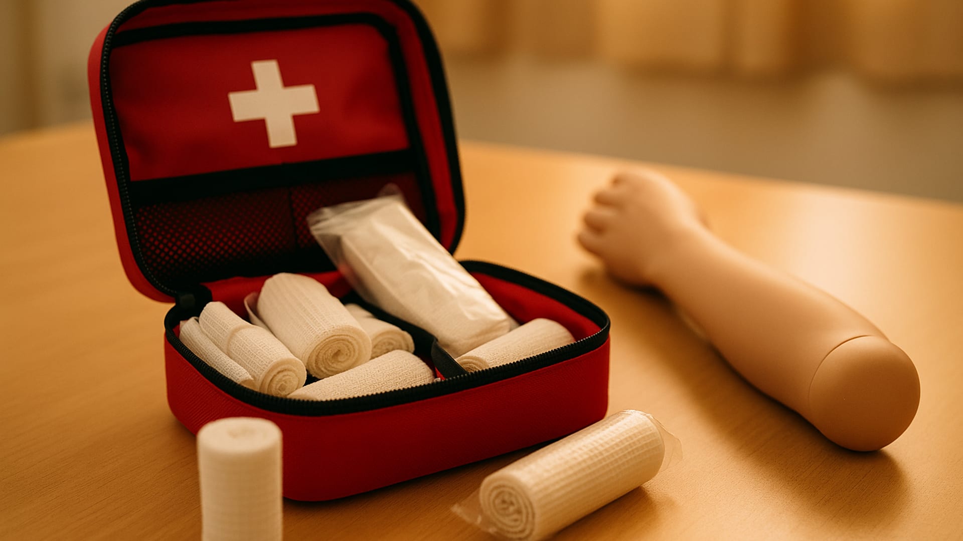 A Stop the Bleed kit open on a table with tourniquet and wound packing supplies