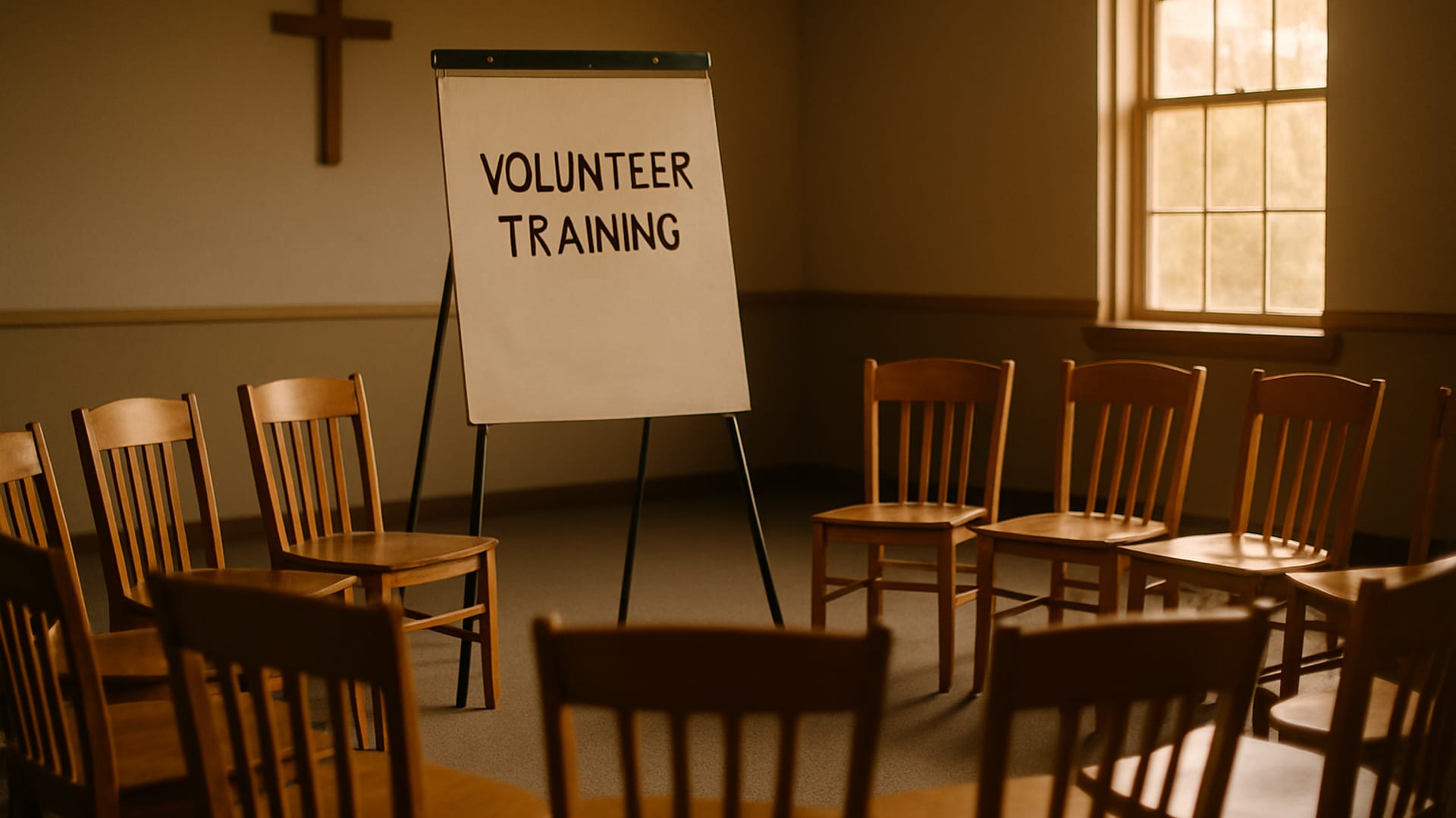 A volunteer orientation room with simple wooden chairs arranged in a horseshoe around a blank flip-chart